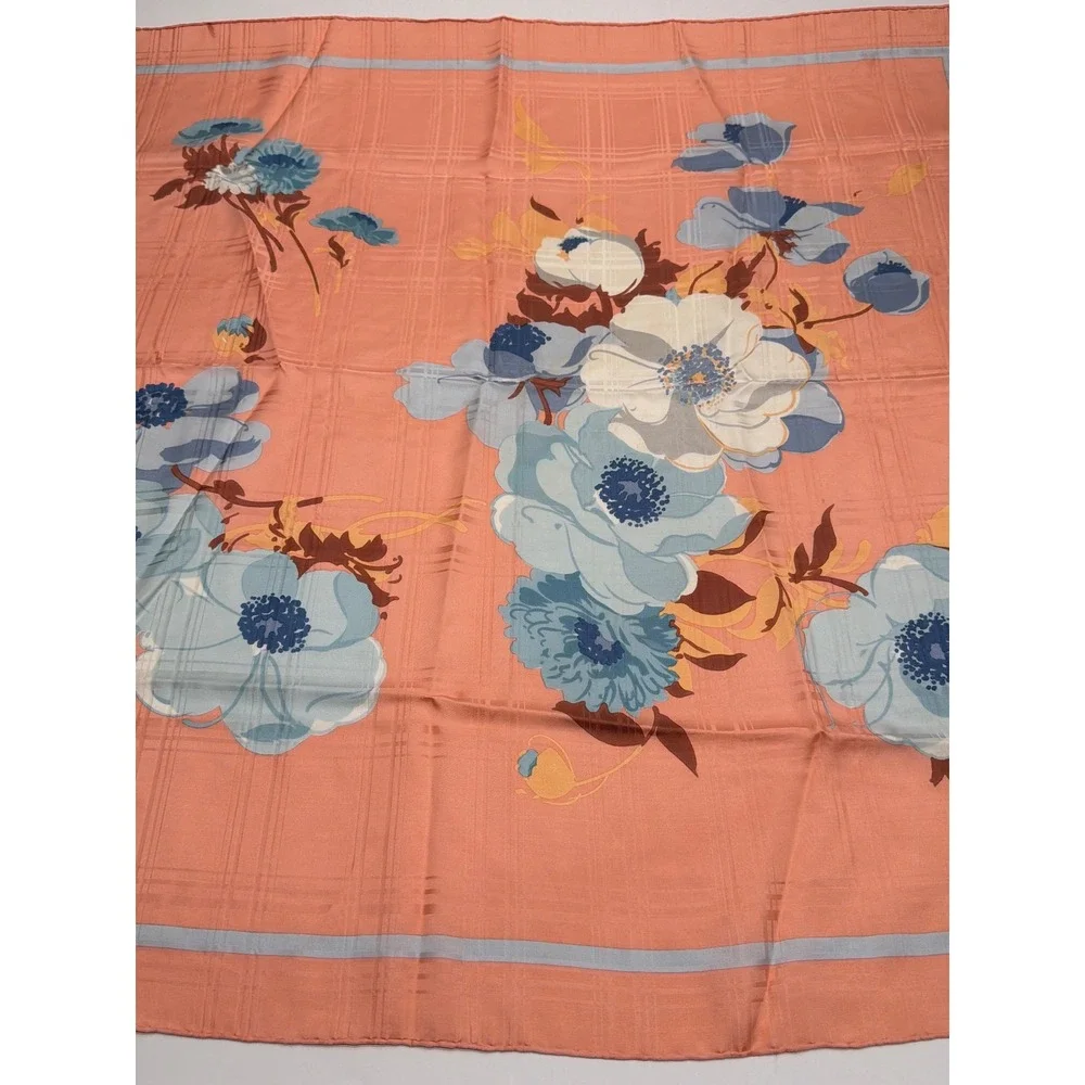 Christian Dior Vintage Silk Scarf Coral Pink Blue Floral Plaid‎ Jacquard 30x30